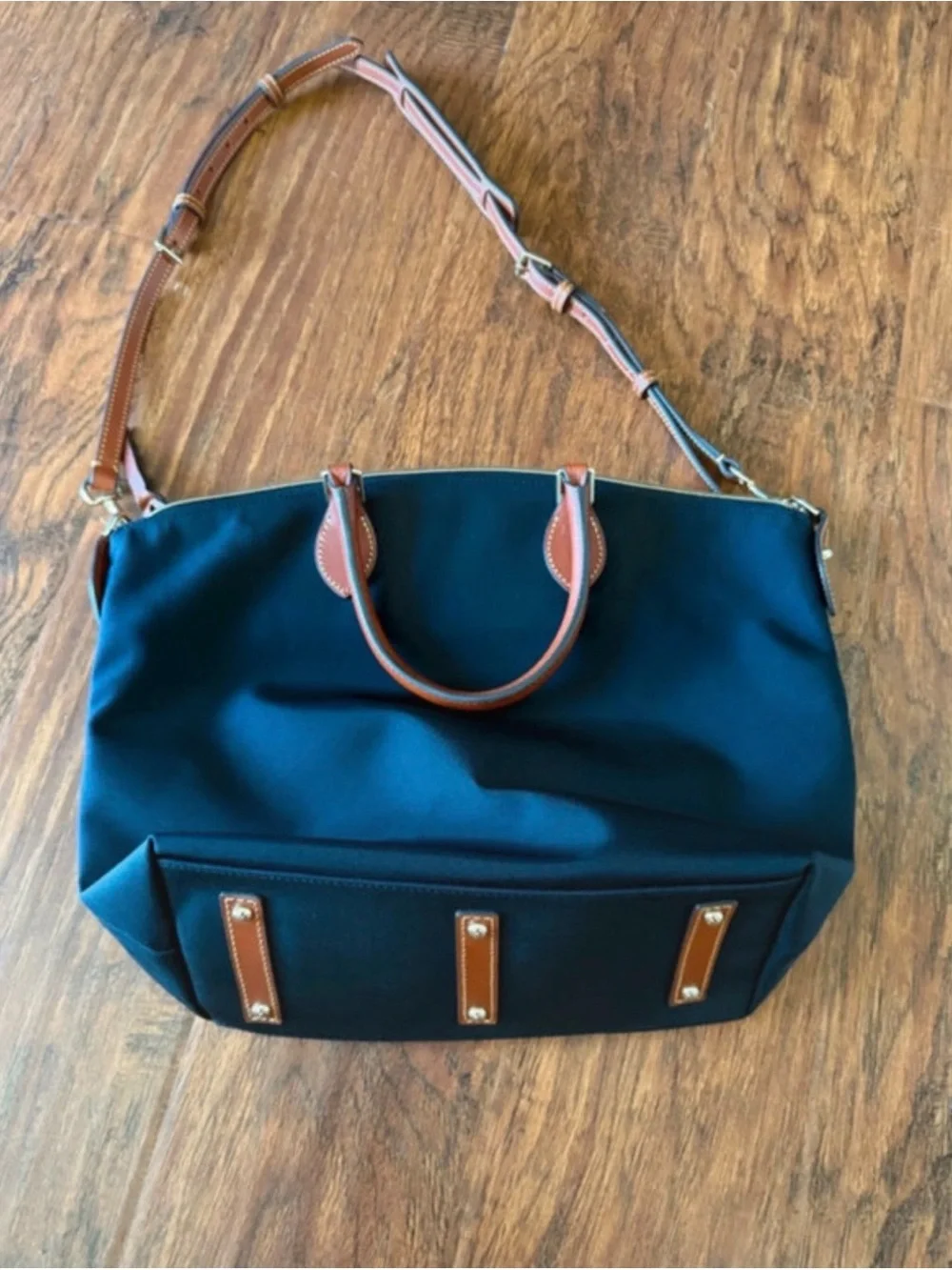 Dooney & Bourke Navy Shoulder Satchel with Brown Leather Trim